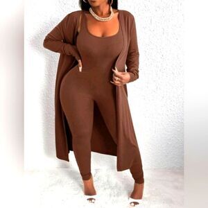 Ladies Chocolate Brown Jumpsuit with overcoat sz Large